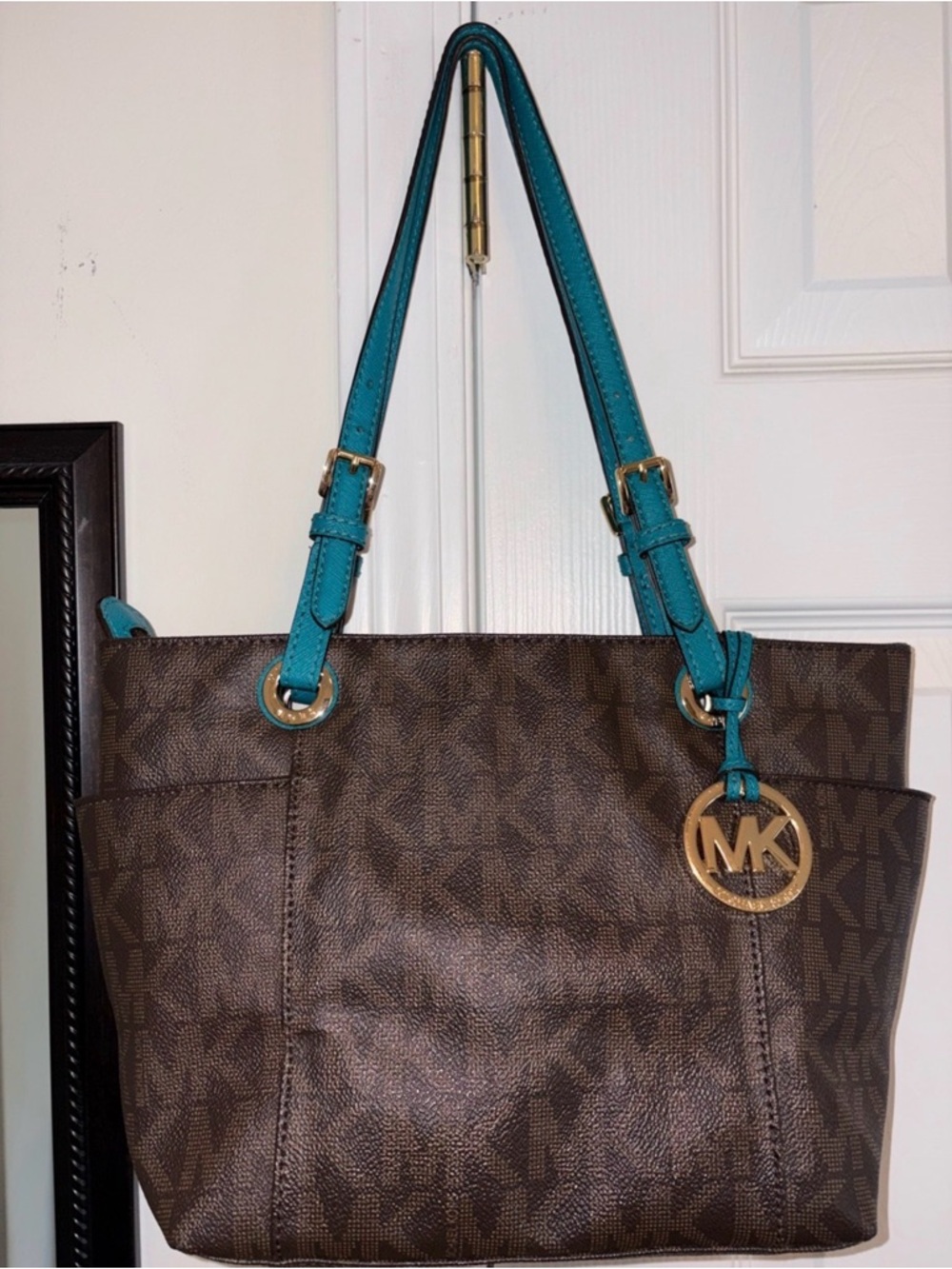 Michael Kors Brown Logo Tote with Teal Straps and Gold MK Charm